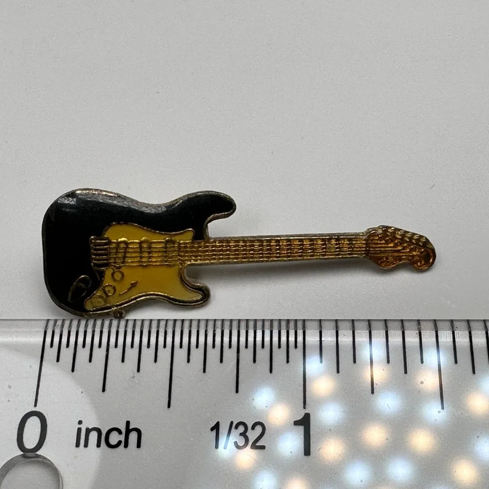 VTG Electric Guitar‎ Lapel Pin Brooch Enamel Black & Gold-Tone Rock & Roll 1.5